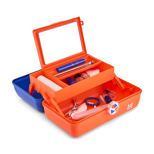 Caboodles School Spirit On-The-Go Girl Makeup Box, Blue Over Orange, Hard Plastic Makeup Organizer Box, Built-In Mirror, Secure Latch for Safe Travel, Spacious Storage for Large Items