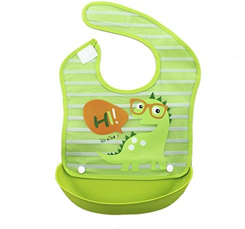 Millton Velcro Foldable Waterproof Silicone Baby Feeding Bibs, With Detachable Food Catcher,Soft and Comfortable (Green Dinosaur)