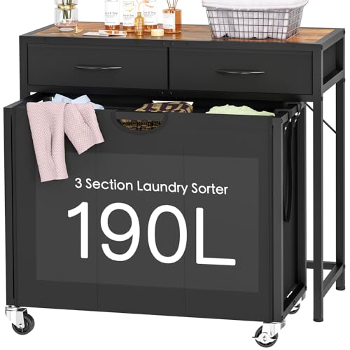 FIONESO Rolling Laundry Basket with 3 Section Pull-Out Bags, Laundry Hamper with 2 Drawers, 2-Tone Top Panel Laundry Sorter, Laundry Basket Organizer with Wheels, Laundry Room, Bathroom, Black