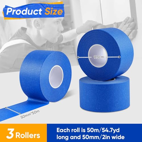 Gicare 3 Rolle Malerkrepp Masking Tape 50mm x 50m Abklebeband Maler für Malerarbeiten, Kreppband Malerband Standard Papierklebeband UV Maler Klebeband für Farbtrennung Renovierungen(Blau) thumbnail 3