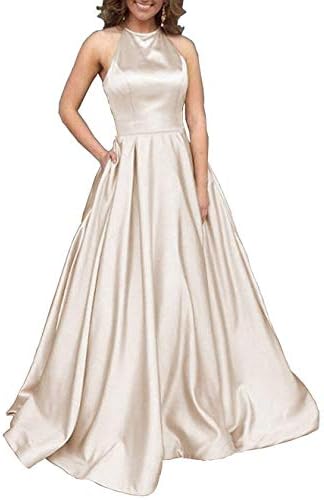 Prom Dresses Long Halter Satin Beaded Backless Evening Formal Gowns with Pockets for Women