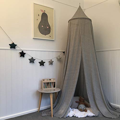 Zeke and Zoey Hanging Grey Bed Canopy with Pom Poms, Drapes Hideaway