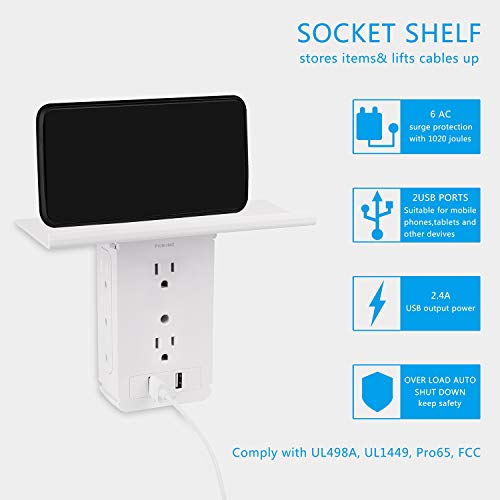 Socket Shelf-10 Port Surge Protector Wall Power Socket, 8 Power Socket Expanders, 2 USB Charging Ports and Removable Built-in Socket UL Certification(8AC&2DC, white) - Thumbnail 6