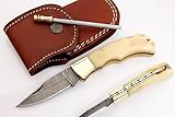 RA-5167-B Custom made damascus steel folding lock back knife bone handle and brass bolster,