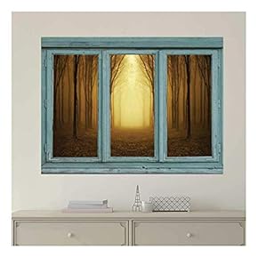 Vintage Teal Window Looking Out Into a Bright Yellow Light and Sepia Forest - Wall Mural, Removable Sticker, Home Decor - 24x32 inches