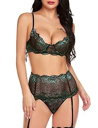 Conjunto de lencería sexy para mujer con sujetador y bragas de encaje, sin medias