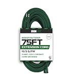 75 Foot Outdoor Extension Cord - 16/3 SJTW Durable Green Extension Cable with 3 Prong Grounded Plug for Safety - Great for Garden and Major Appliances