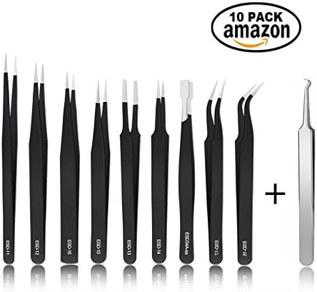 UETECH ESD Precision Tweezers Set with 9pcs Black Anti-Static Tweezers and 1pc Stainless Steel Beauty Tweezer for Electronics, Jewelry, Craft, Laboratory Work, Eyebrow, Eyelash