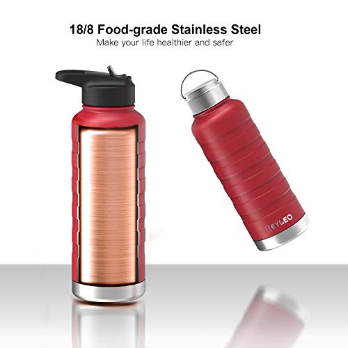 REYLEO Vacuum Insulated Water Bottle with Straw Lid- 24 Oz, Red, 2 Lids, 18/8 Stainless Steel Metal Sport Water Bottle, Keep Cold 24 Hours & Hot 8 Hours, Standard Mouth with Straw Lid