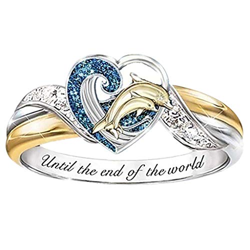 Fashion Dolphin/Flowers Ring Animal Jewelry Ring Promise Real Love Heart Bands Ring Matching Ring Bridal Wedding Engagement Bands Rings for Lovers Bridal Gifts Size 6-10