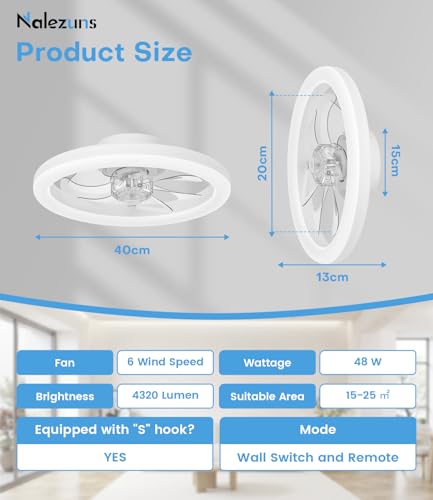 Nalezuns Ceiling Fan with Light, 40 cm Ceiling Fan, Quiet Remote Control, 3 Colour Temperatures and 6 Speeds, Silent Ceiling Fan for Living Room, Bedroom, Kitchen