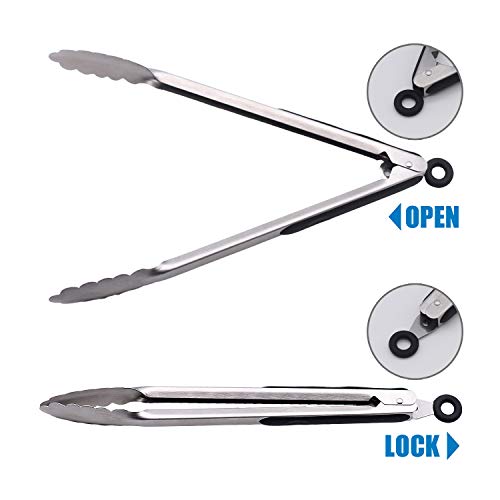Stainless Steel Kitchen Tongs for Cookig,BBQ Grill Tongs,Set of 2,9 and 12 Inch Heavy Duty Locking Metal Food Tongs Non-Slip Grip Barbecue Tongs - Thumbnail 2