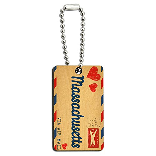 Air Mail Postcard Love for Massachusetts Wood Wooden Rectangle Key Chain