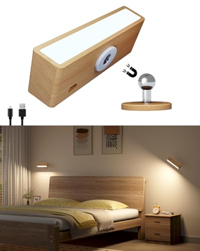 DetarZinLED Wall Lamp with USB Charging Battery, Rechargeable Bedside Lamp, Adhesive Interior Wall Lamps for Bedroom without Cable (Beech Wood, 1 Pcs)