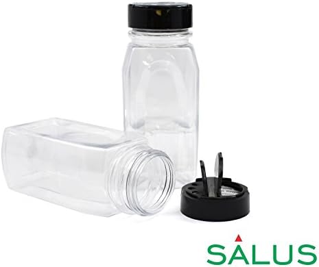 SALUSWARE - 2 PACK - 14 Oz with Black Cap - Plastic Jars Bottles Containers – Perfect for Storing Spice, Herbs and Powders – Lined Cap - Safe Plastic – PET - BPA free - Made in the USA