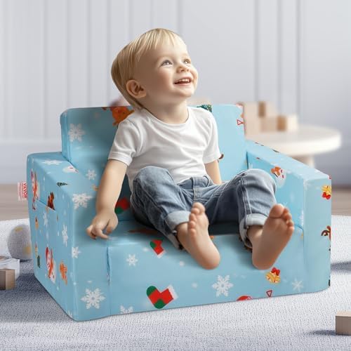 Silla de Bebé Plegable 2 en 1, Sofá Cama para Niños Pequeños, Sofá de Espuma Suave y Cómodo, Tumbona Convertible para Bebé, Asiento de Silla con Dibujos Animados, Azul, 1040 x 580 x 320 mm