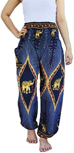 YAOWALUCK Harem Trousers - Aladdin Hippie Pants Yoga for Womens & Mens (M, Elephant Peacock DarkBlue)