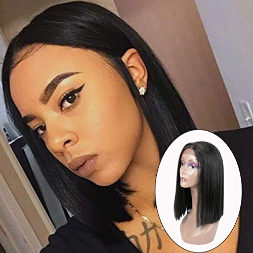 Queentas 14inch Lace Front Bob Wigs Short Straight Blunt Cut Shoulder Length Synthetic Hair Wigs for Black Women(Natural Black #1B)