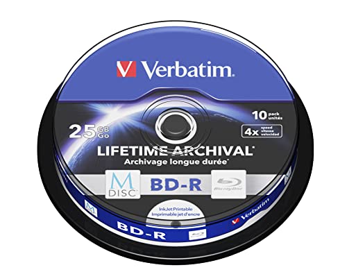 Verbatim M-Disc BD-R - Blu-ray Disc 25 GB, 4x Burning Speed, Durable Blu-ray Disc, 10-Pack Spindle