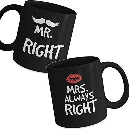 Black Coffee Mugs For Couples - Mr Right and Mrs Always Right - 2 Ceramic Cups - Matching Mug - Wedding Engagement Anniversary Valentines Day - Gifts for Husband Wife His and Her
