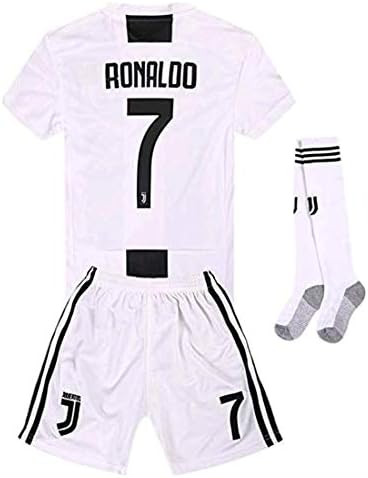 Newkidsjs Juventus #7 Ronaldo Kids and Youth Soccer Jersey & Shorts & Socks 2018-2019 Home White/Black