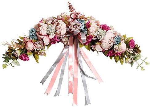 HiiARug Artificial Floral Swag Door Lintel, 26 Inch Artificial Peony Garlands Decorative Door Wreath with Green Leaves and Silk Ribbon for Wedding Garden Party Front Door Wall Decor (Retro Pink B)