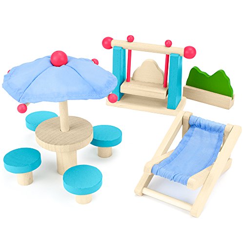 Wooden Dollhouse Furniture|Made of Safe Wood and Bright Water-Based Paint|Compatible with Most Doll Houses|Outdoor Patio