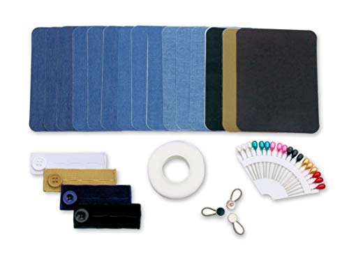 No Stitch Repair Kit, a No-Sew Kit with Fusible Web Hemming Tape, Cotton and Jean Iron On Patches, Collar Extenders for Shirts, Waist Extenders for Pants, and Sewing Pins to Fix Garments Fast and Easy