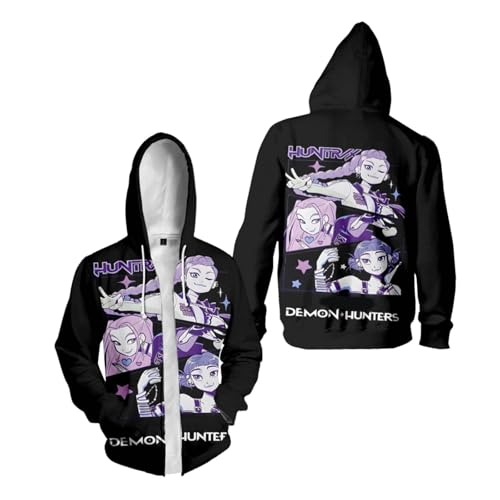K p-o-p Demon Hunters Sweatshirt for Kids Girls Boys, Zip Up Hoodies Y2k Long Sleeve Sweatshirt, Huntrix Hip Hop Streetwear Cartoon 3D Print Sweatshirt A-black
