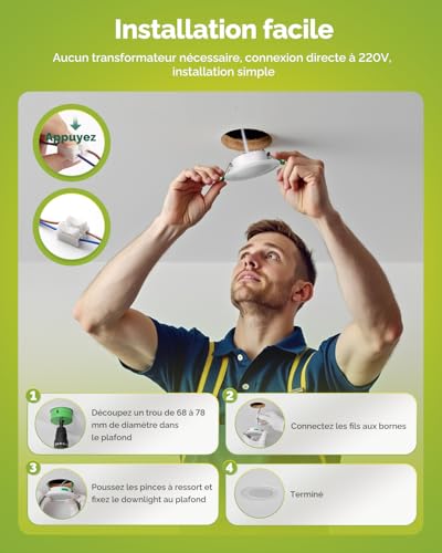 Fondiiz Pack of 12 Recessed LED Spotlights 68 mm, 5 W 220 V Recessed Ceiling Spotlights, Warm White 2700 K, Neutral White, 4000 K, Cool White, 6000 K, Adjustable, IP44 Bathroom LED Spotlight for Living Room, Kitchen, Round