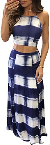 Womens Stripe Tie Dye Two Piece Crop Top and Slit Maxi Skirt Set Dress Blue S