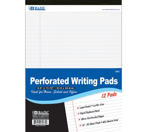 BAZIC Perforated Legal Pad, 8.5 x 11.75 Inch, 50 Count (12 Per Pack)