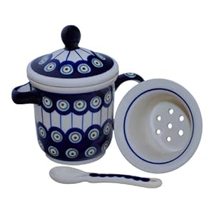 Boleslawiec Pottery Teecup with lid, tea strainer and spoon, Original Bunzlauer Keramik, Decor 8