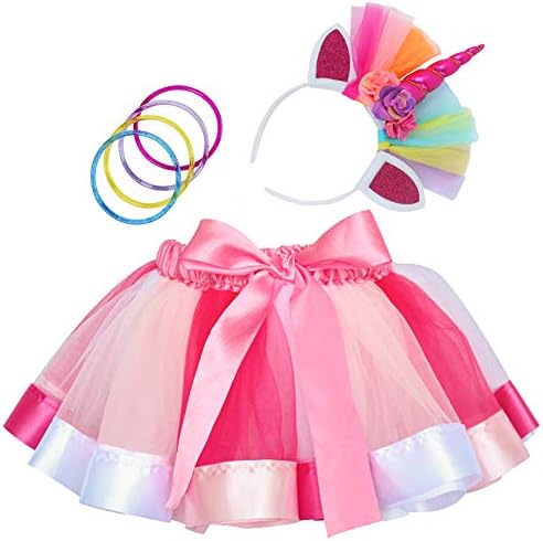 Cocojeci Little Girls Layered Rainbow Tutu Skirts with Wings Unicorn Headband and Bracelets