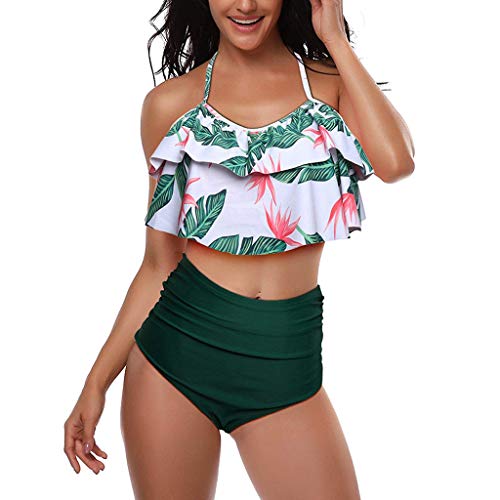 iYBUIA Sexy Leaf Print Twist Front High Wasit Bikini Set 2 Piece Bra Beach Swimsuit Green