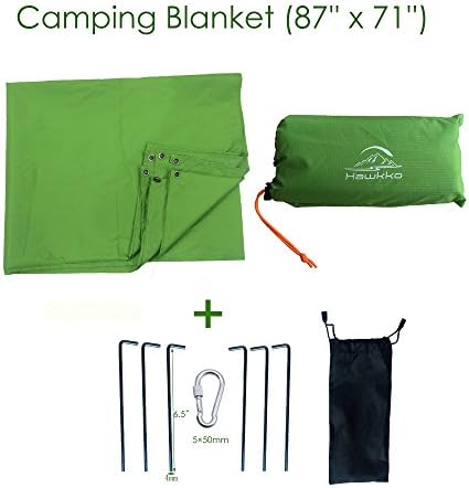 Hawkko Pocket Blanket, Compact Blanket, Oversize(87"x71"), Soft Lightweight Waterproof Nylon Blanket, Includes Carabiner, 6pcs Metal Stakes &amp; Pouch, Ideal for Camping, Hiking And Traveling (Green)