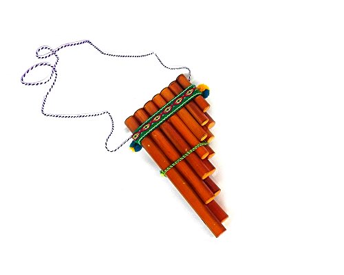 Handmade Peruvian Natural Wooden Bamboo Pan Flute Pipe with Multicolored Tribal Print Woven Cotton Strap Woodwind Musical Instrument (Small)