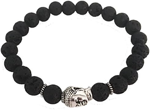 Black Lava Stone Buddha Silver Plated Bracelet by The Artsy Nomad; Stretchy - Custom Sizes Available (7.5)