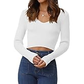INFITTY Women's V Neck Cropped Sweater Basic Long Sleeve Shirts Slim Fitted Ribbed Knitted Pullover Crop Tops