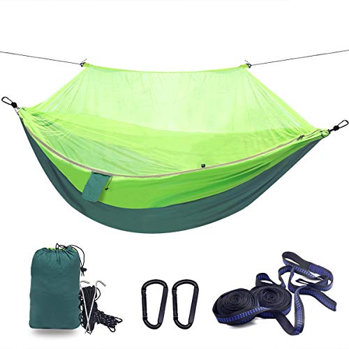WOVUU Camping Hammock with Net,Lightweight Outdoor Indoor Portable Hammock with Tree Starps,Carabiners,Durable Parachute Nylon Hammocks for Travel Backpacking Hiking Fishing Adventures