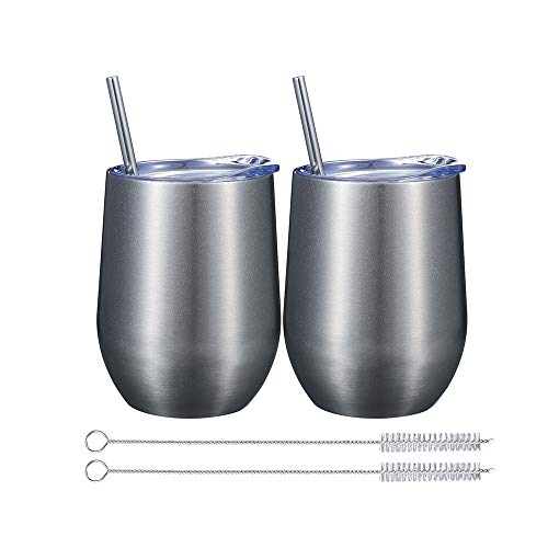 2 Pack 12 oz Wine Tumbler with Lids, Double Wall Vacuum Insulated Stainless Steel Stemless Wine Glass, Travel Coffee Mug Cup for Wine, Drinks, Champagne, Cocktails (Include Straws & Brush) (Silver) - Thumbnail 3