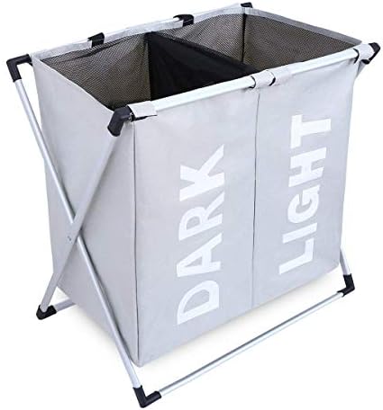 WOWLIVE 2 Section Laundry Basket X-Frame Double Laundry Hamper with Aluminum Frame Durable Dirty Clothes Bag for Bathroom Bedroom Home (Grey)