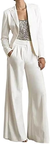 Ike Chimbandi Women's White Three Pieces Mother Of The Bride Pant Suits Silver Sequined Wedding Guest Dress