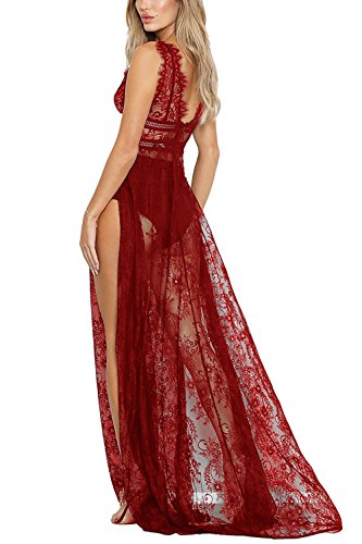 Meenew Women's Sleeveless See-Through Lace Lingerie Gown Maxi Long Dress Ruby XL