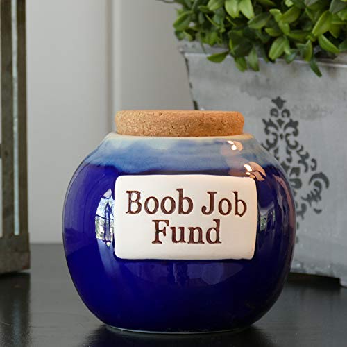 Tumbleweed Cottage Creek - Jars - Boob Job Fund - Blue Round Ceramic Jar with Cork Lid - Gifts for Women - Funny Gifts - Piggy Bank for Women