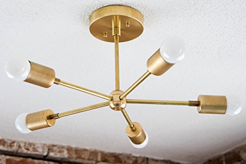 Handmade in U.S.A 5 Arm Brass Gold Sputnik Style Mid Century Modern Inspired Starburst Chandelier UL Listed