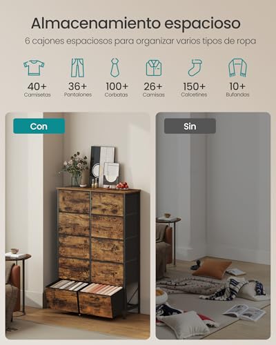 SONGMICS Cómoda, 10 Cajones de Tela, Acero, MDF, Tela no Tejida, para Dormitorio, Armario, Pasillo, Salón, Marrón Rústico y Negro Tinta MLGS125BH04