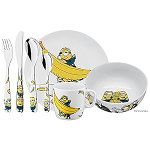 WMF Minions – Vajilla infantil (7 piezas, acero inoxidable, a partir de 3 años, acabado Cromargan, apta para lavavajillas
