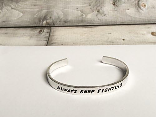 Always Keep Fighting adjustable aluminum metal stamped cuff bracelet // gift for fandom metal health donation