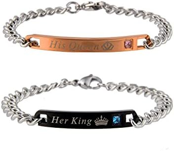 His &amp; Hers Matching Set Titanium Stainless Steel Bracelet His Queen Her King Couple Bracelets with a Gift Box (HIS QUEEN&amp;HER KING)